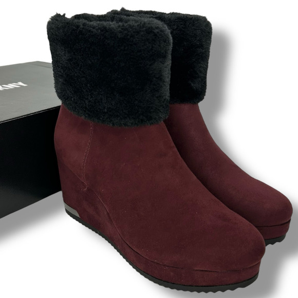 NEW DKNY Red Wedge Boots Size 5.5 Merlot Maroon Faux Fur Winter Booties Heels - Picture 2 of 12